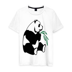Мужская футболка хлопок с принтом Панда и бамбук в Тюмени, 100% хлопок | прямой крой, круглый вырез горловины, длина до линии бедер, слегка спущенное плечо. | бамбук | животные | панда ест бамбук | панда и бамбук