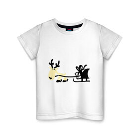 Детская футболка хлопок с принтом Новогодний олень в Тюмени, 100% хлопок | круглый вырез горловины, полуприлегающий силуэт, длина до линии бедер | Тематика изображения на принте: новогодний | олень | рождество | сани