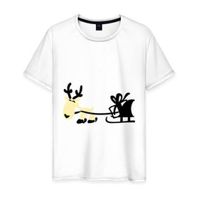 Мужская футболка хлопок с принтом Новогодний олень в Тюмени, 100% хлопок | прямой крой, круглый вырез горловины, длина до линии бедер, слегка спущенное плечо. | Тематика изображения на принте: новогодний | олень | рождество | сани