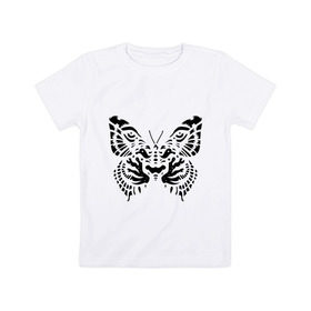 Детская футболка хлопок с принтом Тигровая бабочка в Тюмени, 100% хлопок | круглый вырез горловины, полуприлегающий силуэт, длина до линии бедер | Тематика изображения на принте: животные | иллюзия | полет мотылька | прикольные картинки | тигровая бабочка