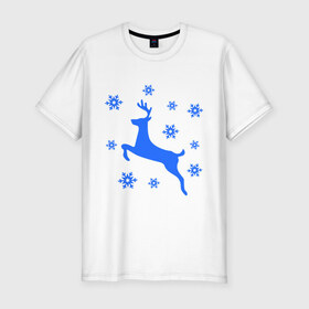 Мужская футболка премиум с принтом Олень и снежинки в Тюмени, 92% хлопок, 8% лайкра | приталенный силуэт, круглый вырез ворота, длина до линии бедра, короткий рукав | олень и снежинки | праздник | снежинки