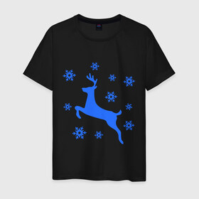 Мужская футболка хлопок с принтом Олень и снежинки в Тюмени, 100% хлопок | прямой крой, круглый вырез горловины, длина до линии бедер, слегка спущенное плечо. | олень и снежинки | праздник | снежинки