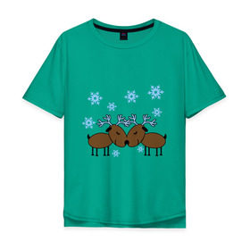 Мужская футболка хлопок Oversize с принтом Влюбленные олени в Тюмени, 100% хлопок | свободный крой, круглый ворот, “спинка” длиннее передней части | влюбленные олени | новый год | олени | снежинки