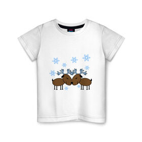 Детская футболка хлопок с принтом Влюбленные олени в Тюмени, 100% хлопок | круглый вырез горловины, полуприлегающий силуэт, длина до линии бедер | влюбленные олени | новый год | олени | снежинки