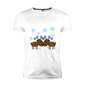 Мужская футболка премиум с принтом Влюбленные олени в Тюмени, 92% хлопок, 8% лайкра | приталенный силуэт, круглый вырез ворота, длина до линии бедра, короткий рукав | влюбленные олени | новый год | олени | снежинки