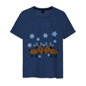 Мужская футболка хлопок с принтом Влюбленные олени в Тюмени, 100% хлопок | прямой крой, круглый вырез горловины, длина до линии бедер, слегка спущенное плечо. | Тематика изображения на принте: влюбленные олени | новый год | олени | снежинки