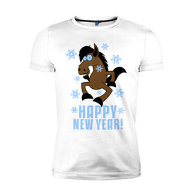 Мужская футболка премиум с принтом Новогодняя Лошадка в Тюмени, 92% хлопок, 8% лайкра | приталенный силуэт, круглый вырез ворота, длина до линии бедра, короткий рукав | happy new year | идеи подарков | конь | лошадка | новогодняя лошадка | новый год | новый год 2014