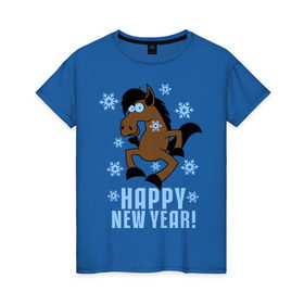 Женская футболка хлопок с принтом Новогодняя Лошадка в Тюмени, 100% хлопок | прямой крой, круглый вырез горловины, длина до линии бедер, слегка спущенное плечо | Тематика изображения на принте: happy new year | идеи подарков | конь | лошадка | новогодняя лошадка | новый год | новый год 2014