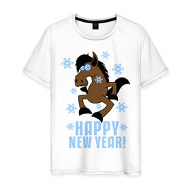 Мужская футболка хлопок с принтом Новогодняя Лошадка в Тюмени, 100% хлопок | прямой крой, круглый вырез горловины, длина до линии бедер, слегка спущенное плечо. | happy new year | идеи подарков | конь | лошадка | новогодняя лошадка | новый год | новый год 2014