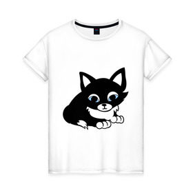 Женская футболка хлопок с принтом Кошечка в Тюмени, 100% хлопок | прямой крой, круглый вырез горловины, длина до линии бедер, слегка спущенное плечо | Тематика изображения на принте: киска | кошечка | кошка с белым хвостиком | мяу | черная кошка