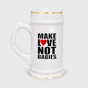 Кружка пивная с принтом Make love not babies в Тюмени,  керамика (Материал выдерживает высокую температуру, стоит избегать резкого перепада температур) |  объем 630 мл | Тематика изображения на принте: make love not babies | любовь | прикольные надписи | сердце