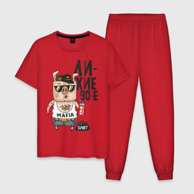 Мужская пижама хлопок с принтом Лихие 90-е в Тюмени, 100% хлопок | брюки и футболка прямого кроя, без карманов, на брюках мягкая резинка на поясе и по низу штанин
 | девяностые | кабан | свинья | хряк