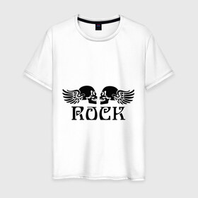 Мужская футболка хлопок с принтом Rock (Рок) в Тюмени, 100% хлопок | прямой крой, круглый вырез горловины, длина до линии бедер, слегка спущенное плечо. | Тематика изображения на принте: rock (рок) | кости | крылатые черепа | крылатый рок | музыка | разное | рок | черепа