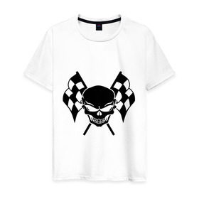 Мужская футболка хлопок с принтом Скелет и гоночные флаги в Тюмени, 100% хлопок | прямой крой, круглый вырез горловины, длина до линии бедер, слегка спущенное плечо. | street racing | автомобильные | гонки | скелет и гоночные флаги | флаг