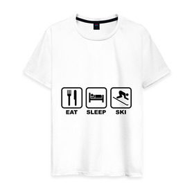 Мужская футболка хлопок с принтом Eat Sleep Ski (Еда, Сон, Лыжи) в Тюмени, 100% хлопок | прямой крой, круглый вырез горловины, длина до линии бедер, слегка спущенное плечо. | Тематика изображения на принте: eat sleep ski | горнолыжная тема | еда | лыжи | сноуборд | сон | спорт