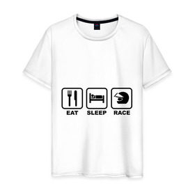 Мужская футболка хлопок с принтом Eat Sleep Race (Ешь, Спи, Гоняй) в Тюмени, 100% хлопок | прямой крой, круглый вырез горловины, длина до линии бедер, слегка спущенное плечо. | Тематика изображения на принте: eat sleep race | автомобильные | вилка | гоняй | ешь | кровать | сон | спи | шлем