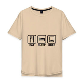 Мужская футболка хлопок Oversize с принтом Eat sleep code (Ешь, Спи, Программируй) в Тюмени, 100% хлопок | свободный крой, круглый ворот, “спинка” длиннее передней части | eat sleep code | вилка | есть | ешь | компьютер | кровать | программируй | сон | спи