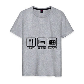 Мужская футболка хлопок с принтом Eat Sleep Shoot (Ешь, Спи, Фотографируй) в Тюмени, 100% хлопок | прямой крой, круглый вырез горловины, длина до линии бедер, слегка спущенное плечо. | eat sleep shoot | вилка | ешь | кровать | снимок | сон | спи | фотоаппарат | фотографируй