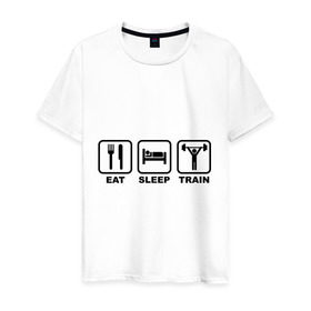 Мужская футболка хлопок с принтом Eat Sleep Train (Ешь, Спи, Тренируйся) в Тюмени, 100% хлопок | прямой крой, круглый вырез горловины, длина до линии бедер, слегка спущенное плечо. | eat sleep train | ешь | силовой спорт | спи | спорт | тренируйся