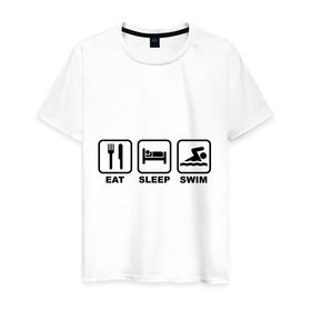Мужская футболка хлопок с принтом Eat Sleep Swim (Еда, Сон, Плавание) в Тюмени, 100% хлопок | прямой крой, круглый вырез горловины, длина до линии бедер, слегка спущенное плечо. | eat sleep swim | вилка | водный спорт | еда | кровать | плавание | сон | спорт