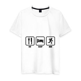 Мужская футболка хлопок с принтом Eat Sleep Run (Еда, Сон, Бег) в Тюмени, 100% хлопок | прямой крой, круглый вырез горловины, длина до линии бедер, слегка спущенное плечо. | eat sleep run | бег | вилка | еда | кровать | сон