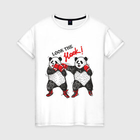 Женская футболка хлопок с принтом Look the Hook в Тюмени, 100% хлопок | прямой крой, круглый вырез горловины, длина до линии бедер, слегка спущенное плечо | Тематика изображения на принте: панда