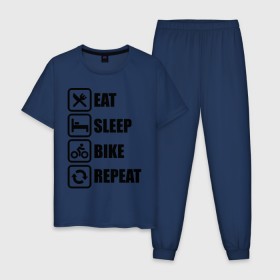 Мужская пижама хлопок с принтом Eat Sleep Bike Repeat в Тюмени, 100% хлопок | брюки и футболка прямого кроя, без карманов, на брюках мягкая резинка на поясе и по низу штанин
 | Тематика изображения на принте: bike | eat | eat sleep bike repeat | repeat | sleep | велоспорт | кровать | спорт