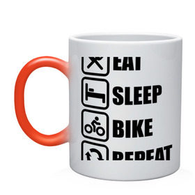 Кружка хамелеон с принтом Eat Sleep Bike Repeat в Тюмени, керамика | меняет цвет при нагревании, емкость 330 мл | Тематика изображения на принте: bike | eat | eat sleep bike repeat | repeat | sleep | велоспорт | кровать | спорт