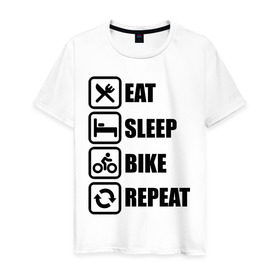 Мужская футболка хлопок с принтом Eat Sleep Bike Repeat в Тюмени, 100% хлопок | прямой крой, круглый вырез горловины, длина до линии бедер, слегка спущенное плечо. | Тематика изображения на принте: bike | eat | eat sleep bike repeat | repeat | sleep | велоспорт | кровать | спорт
