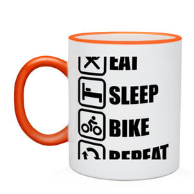 Кружка двухцветная с принтом Eat Sleep Bike Repeat в Тюмени, керамика | объем — 330 мл, диаметр — 80 мм. Цветная ручка и кайма сверху, в некоторых цветах — вся внутренняя часть | Тематика изображения на принте: bike | eat | eat sleep bike repeat | repeat | sleep | велоспорт | кровать | спорт
