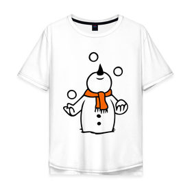 Мужская футболка хлопок Oversize с принтом Снеговик играет в снежки. в Тюмени, 100% хлопок | свободный крой, круглый ворот, “спинка” длиннее передней части | новый год | новый год 2014 | подарки | снег | снеговик | снеговик играет в снежки | снежки