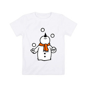 Детская футболка хлопок с принтом Снеговик играет в снежки. в Тюмени, 100% хлопок | круглый вырез горловины, полуприлегающий силуэт, длина до линии бедер | Тематика изображения на принте: новый год | новый год 2014 | подарки | снег | снеговик | снеговик играет в снежки | снежки