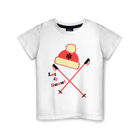 Детская футболка хлопок с принтом Let it Snow в Тюмени, 100% хлопок | круглый вырез горловины, полуприлегающий силуэт, длина до линии бедер | let it snow | зимние виды спорта | лыжи | олимпиада | палки | снег | снежинка | спорт | шапка