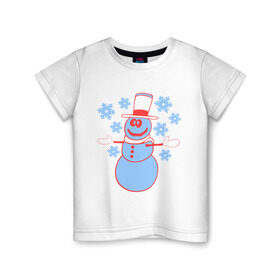 Детская футболка хлопок с принтом Снеговик в Тюмени, 100% хлопок | круглый вырез горловины, полуприлегающий силуэт, длина до линии бедер | Тематика изображения на принте: 2014 | веселый снеговичек | зима | новый год | свет | снег | снеговик | снеговичек | снежинка