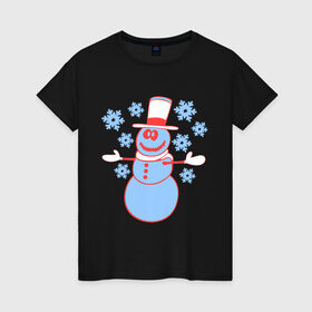 Женская футболка хлопок с принтом Снеговик в Тюмени, 100% хлопок | прямой крой, круглый вырез горловины, длина до линии бедер, слегка спущенное плечо | Тематика изображения на принте: 2014 | веселый снеговичек | зима | новый год | свет | снег | снеговик | снеговичек | снежинка