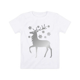 Детская футболка хлопок с принтом Олень в Тюмени, 100% хлопок | круглый вырез горловины, полуприлегающий силуэт, длина до линии бедер | новогодний подарок | олень и  снежинки | с новым годом | северный олень | снег | снежинки