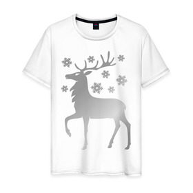 Мужская футболка хлопок с принтом Олень в Тюмени, 100% хлопок | прямой крой, круглый вырез горловины, длина до линии бедер, слегка спущенное плечо. | новогодний подарок | олень и  снежинки | с новым годом | северный олень | снег | снежинки