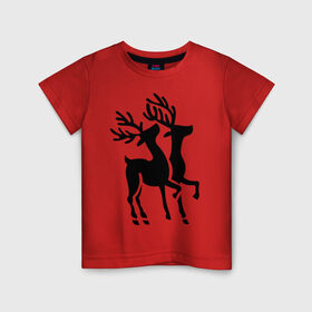 Детская футболка хлопок с принтом Новогодние олени. в Тюмени, 100% хлопок | круглый вырез горловины, полуприлегающий силуэт, длина до линии бедер | 2014 | новогодние олени | новый год | подарки | упряжка