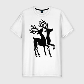 Мужская футболка премиум с принтом Новогодние олени. в Тюмени, 92% хлопок, 8% лайкра | приталенный силуэт, круглый вырез ворота, длина до линии бедра, короткий рукав | 2014 | новогодние олени | новый год | подарки | упряжка