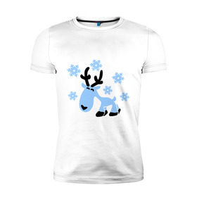 Мужская футболка премиум с принтом Няшный олень. в Тюмени, 92% хлопок, 8% лайкра | приталенный силуэт, круглый вырез ворота, длина до линии бедра, короткий рукав | Тематика изображения на принте: новогодний подарок | няшный олень | олень | олень и снег | с новым годом | снег | снежинки