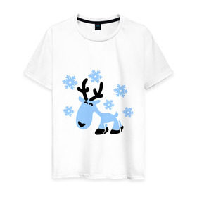 Мужская футболка хлопок с принтом Няшный олень. в Тюмени, 100% хлопок | прямой крой, круглый вырез горловины, длина до линии бедер, слегка спущенное плечо. | новогодний подарок | няшный олень | олень | олень и снег | с новым годом | снег | снежинки