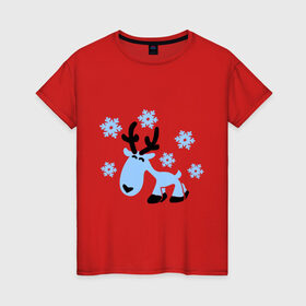 Женская футболка хлопок с принтом Няшный олень. в Тюмени, 100% хлопок | прямой крой, круглый вырез горловины, длина до линии бедер, слегка спущенное плечо | новогодний подарок | няшный олень | олень | олень и снег | с новым годом | снег | снежинки