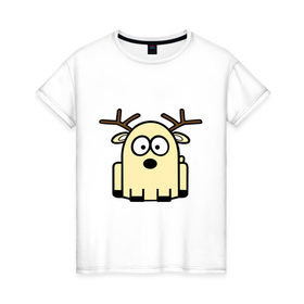 Женская футболка хлопок с принтом Забавный олень в Тюмени, 100% хлопок | прямой крой, круглый вырез горловины, длина до линии бедер, слегка спущенное плечо | новогодний подарок | олень | олень и снег | с новым годом | снег | снежинки