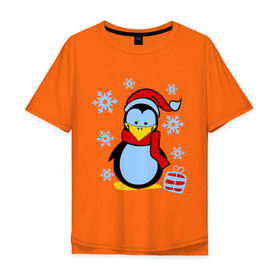 Мужская футболка хлопок Oversize с принтом Пингвин в новогодней шапке в Тюмени, 100% хлопок | свободный крой, круглый ворот, “спинка” длиннее передней части | Тематика изображения на принте: пингвин