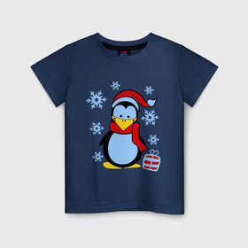 Детская футболка хлопок с принтом Пингвин в новогодней шапке в Тюмени, 100% хлопок | круглый вырез горловины, полуприлегающий силуэт, длина до линии бедер | Тематика изображения на принте: пингвин
