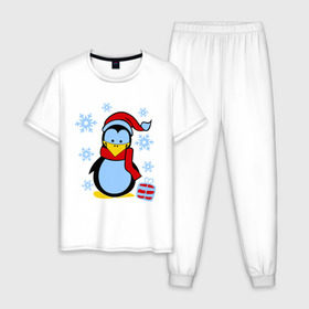 Мужская пижама хлопок с принтом Пингвин в новогодней шапке в Тюмени, 100% хлопок | брюки и футболка прямого кроя, без карманов, на брюках мягкая резинка на поясе и по низу штанин
 | Тематика изображения на принте: пингвин