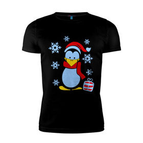 Мужская футболка премиум с принтом Пингвин в новогодней шапке в Тюмени, 92% хлопок, 8% лайкра | приталенный силуэт, круглый вырез ворота, длина до линии бедра, короткий рукав | Тематика изображения на принте: пингвин