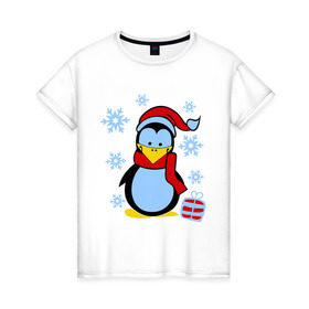 Женская футболка хлопок с принтом Пингвин в новогодней шапке в Тюмени, 100% хлопок | прямой крой, круглый вырез горловины, длина до линии бедер, слегка спущенное плечо | Тематика изображения на принте: пингвин