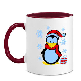 Кружка двухцветная с принтом Пингвин в новогодней шапке в Тюмени, керамика | объем — 330 мл, диаметр — 80 мм. Цветная ручка и кайма сверху, в некоторых цветах — вся внутренняя часть | пингвин