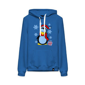 Женская толстовка хлопок с принтом Пингвин в новогодней шапке в Тюмени, френч-терри, мягкий теплый начес внутри (100% хлопок) | карман-кенгуру, эластичные манжеты и нижняя кромка, капюшон с подкладом и шнурком | пингвин